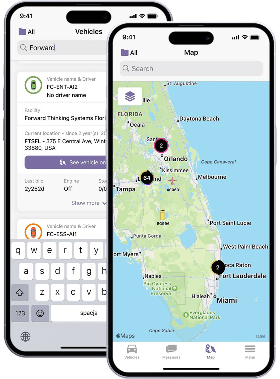 CTS fleet management app — vehicles and map view